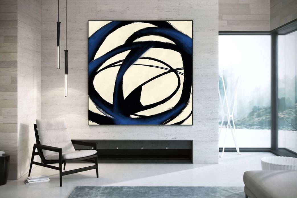 White Handmade Modern Deep Blue Abstract Canvas Artwork LB04M